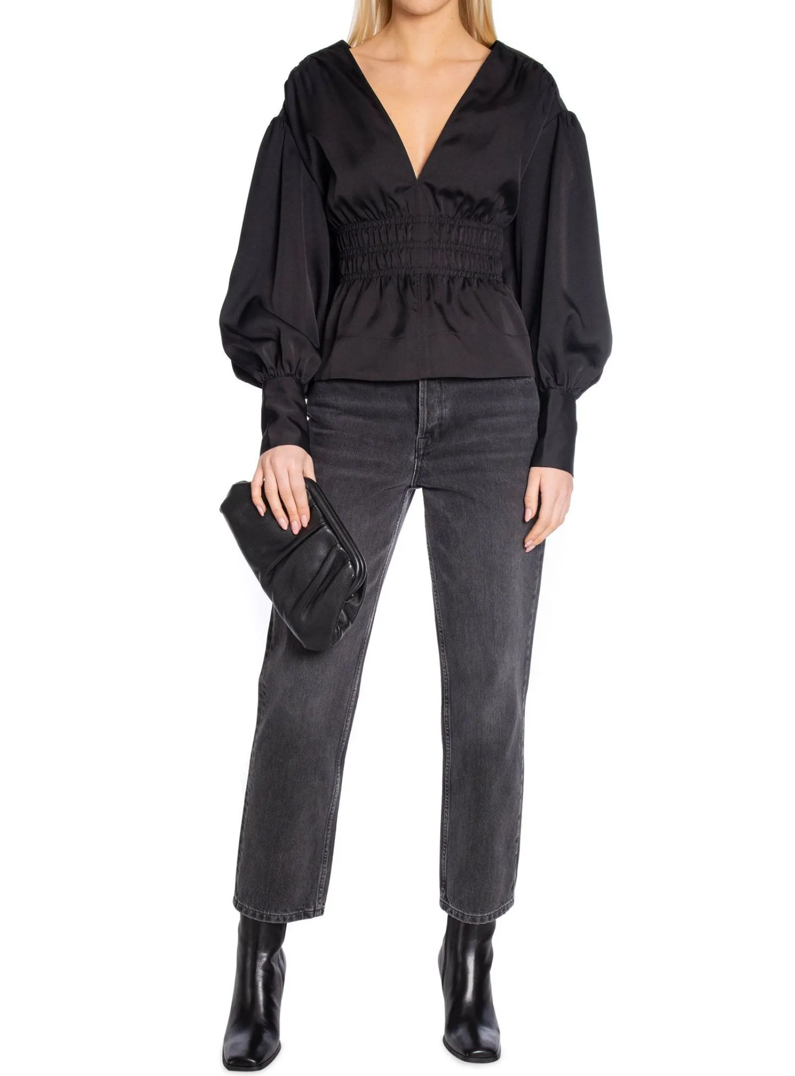 Ganni Blus Smocked Satin Black^ Blusar